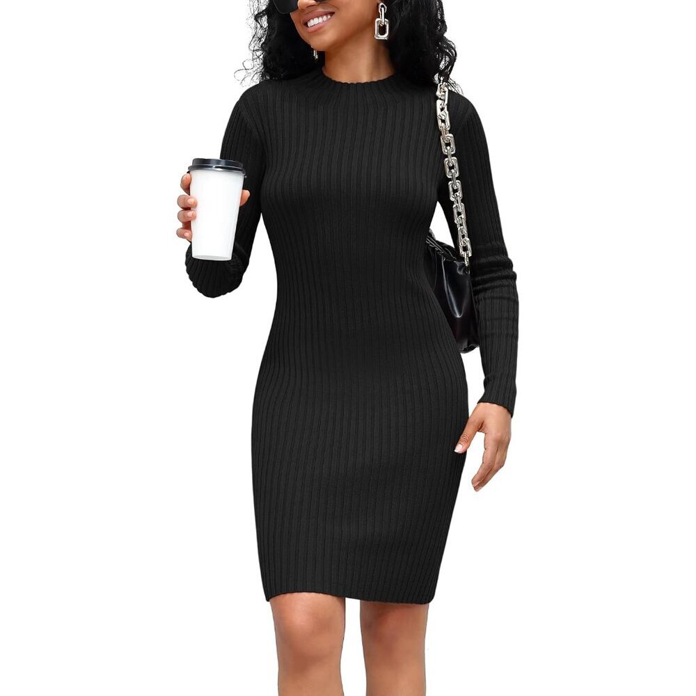 Women's Ribbed Sweater Dress Long Sleeve Turtleneck Mini Bodycon Fall Winter
